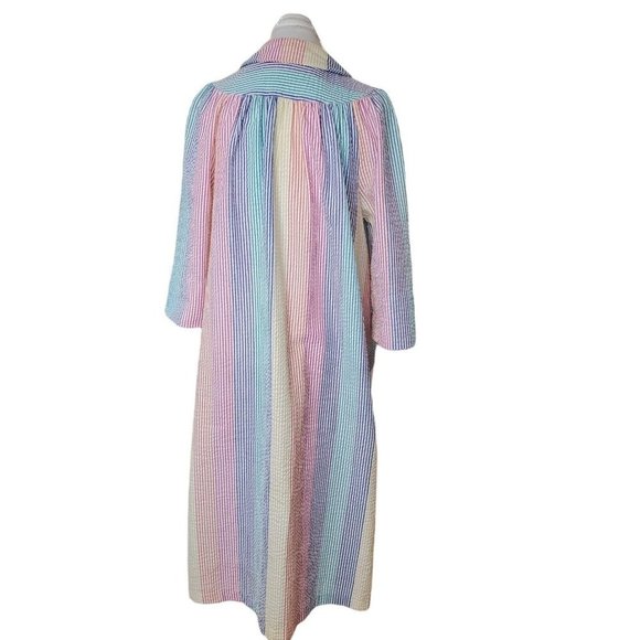 Vintage Rainbow Striped Housecoat Robe Thin Pearl Snap Long Duster Textured S/M - Picture 7 of 12